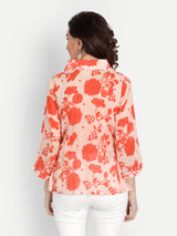 Orange Bird Print Side Pleated Top