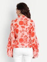 Orange Bird Print Frill Top