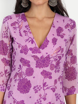 Purple Bird Print Kurta Set