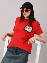 White Flower Crochet Pocket Red T-shirt