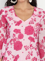 Pink Bird Print Kurta Set