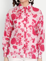 Pink Bird Print Scallop Collar Shirt