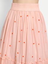 Peach French Knot Embroidery Ruffle Skirt