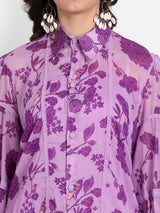 Purple Bird Print Lace Collar Shirt