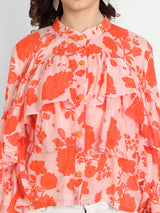 Orange Bird Print Frill Top