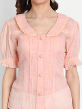 Peach Pleated Lace Collar Shirt