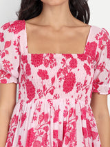 Pink Bird Print Smoky Pattern Dress