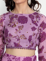 Purple Bird Print Lehenga With Blouse And Dupatta