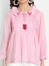 Baby Pink Heart Embroidery Collar Top