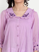 Lavender Pleated Rose Embroidery Collar Shirt