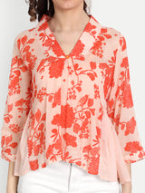 Orange Bird Print Side Pleated Top