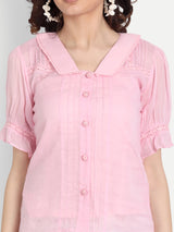 Baby Pink Pleated Lace Collar Shirt