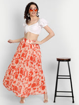 Bird Print Orange Ruffle Skirt