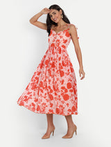 Strap Orange Bird Print Dress