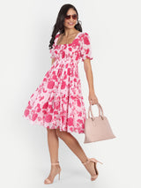 Pink Bird Print Smoky Pattern Dress