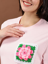 Baby Pink flower  Crochet Pocket T-shirt